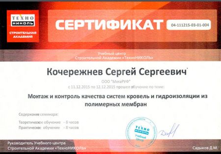 Сертификат Кочережневу Сергею Сергеевичу